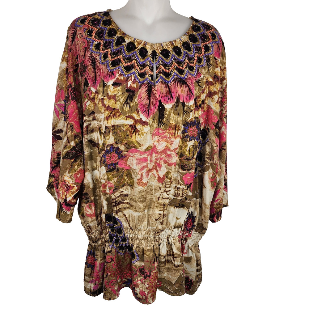 Chicos Peacock Floral Print Beaded Smocked Waist Blouse Size 3 US XL Artsy Boho